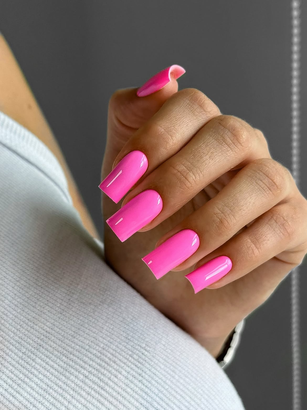 Hot Pink Glossy Square French Tip Nails