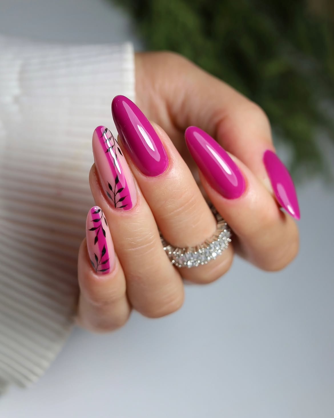 Hot Pink Leaf Accent Almond Nails
