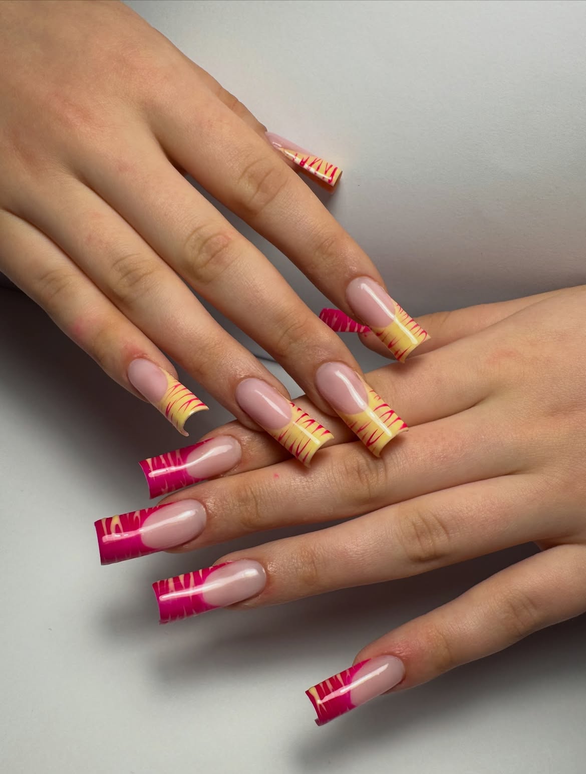 Hot Pink Yellow Abstract French Tips