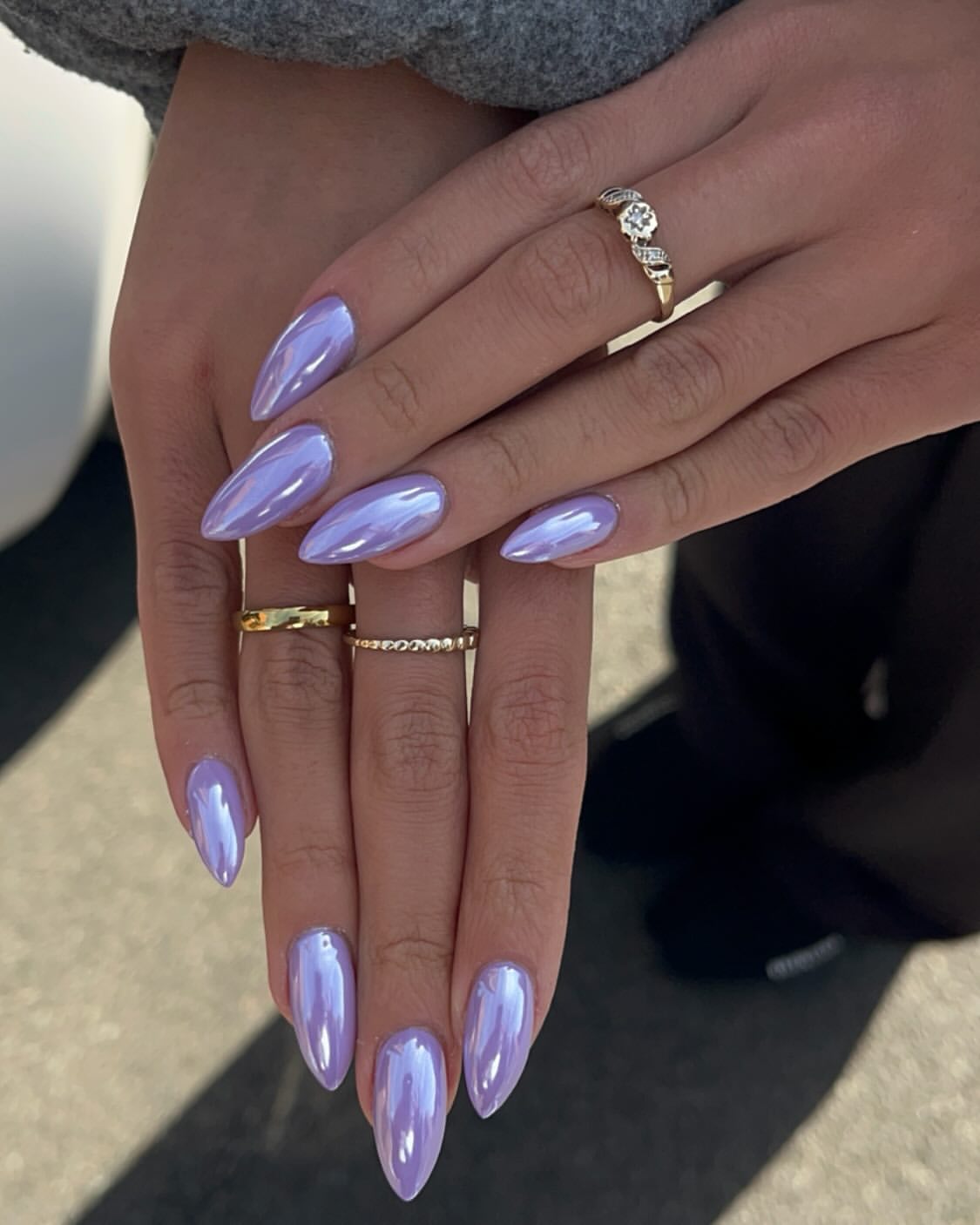 Iridescent Lavender Chrome Almond Nails