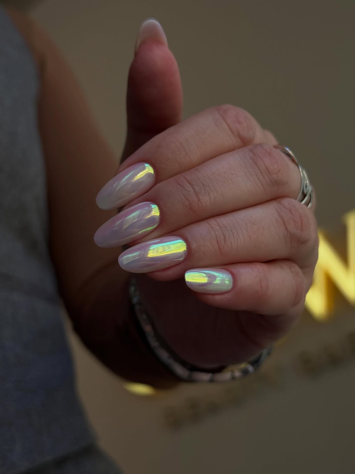 Iridescent Pearl Chrome Almond Nails