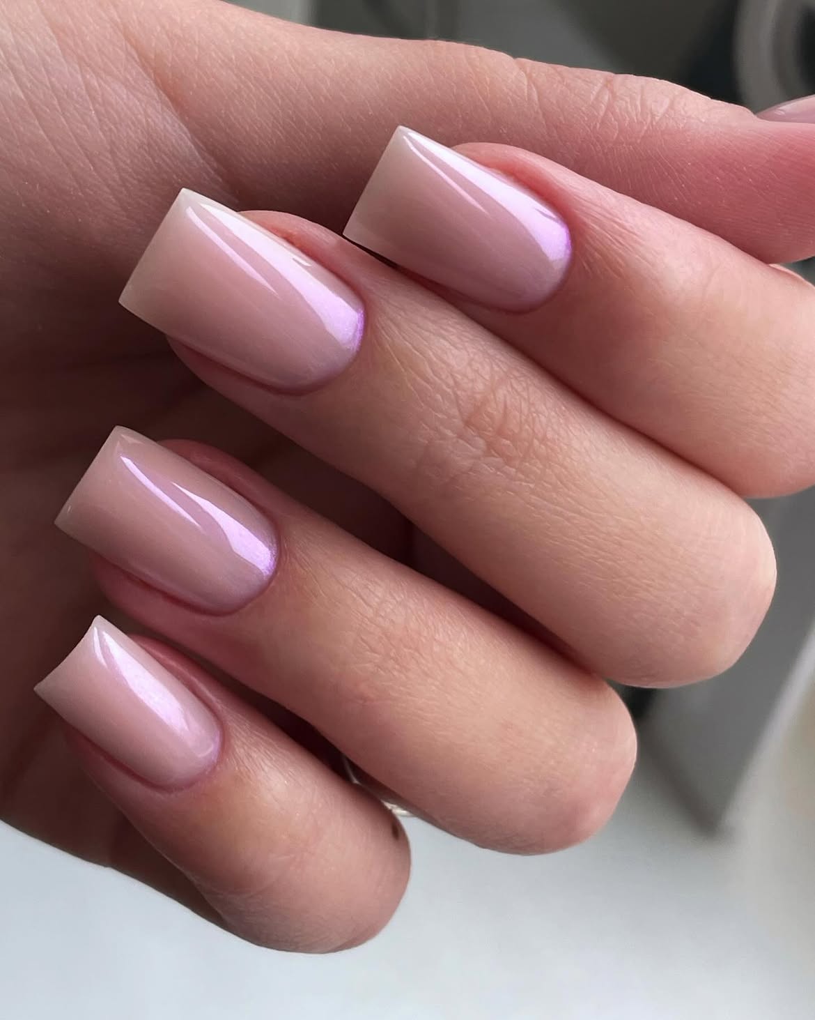 Iridescent Pink Pearl Chrome Square Nails
