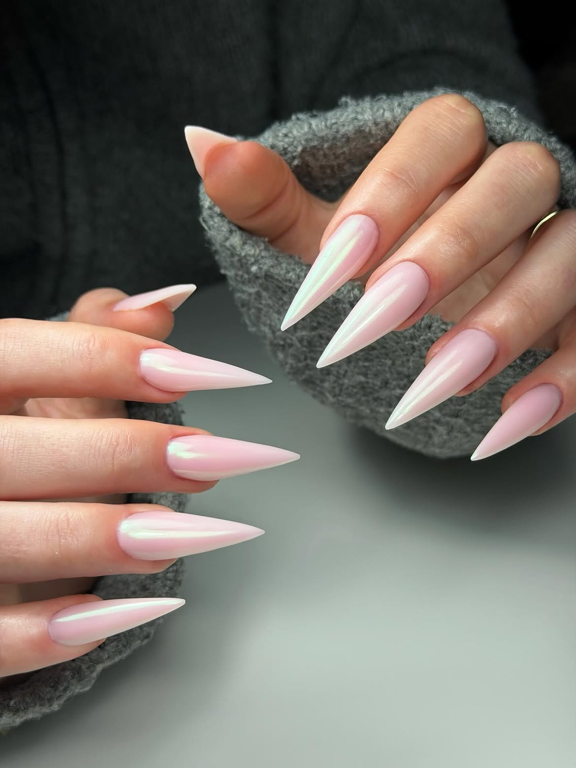 Iridescent Pink Stiletto Chrome Nails