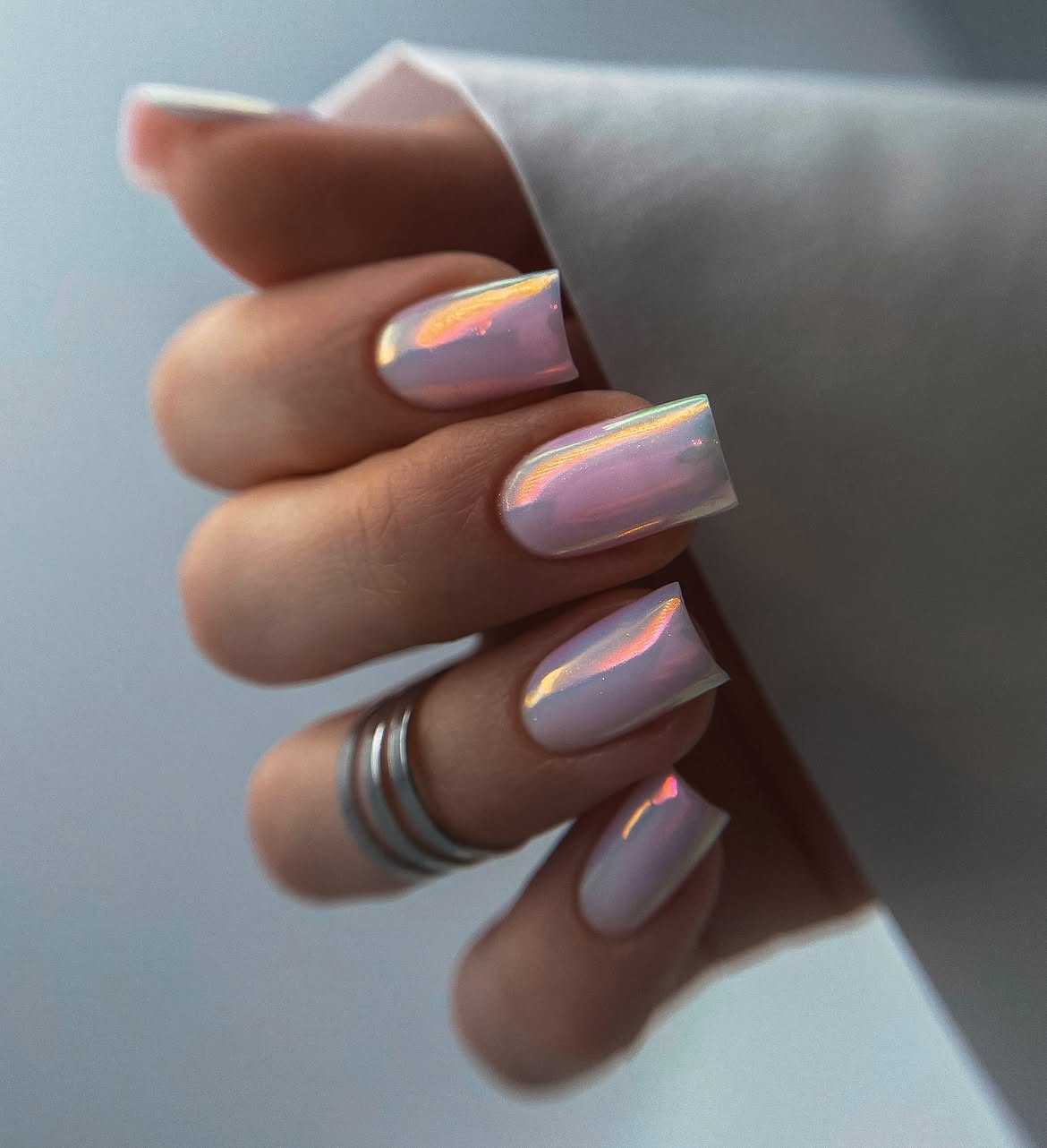 Iridescent White Chrome Squoval Nails
