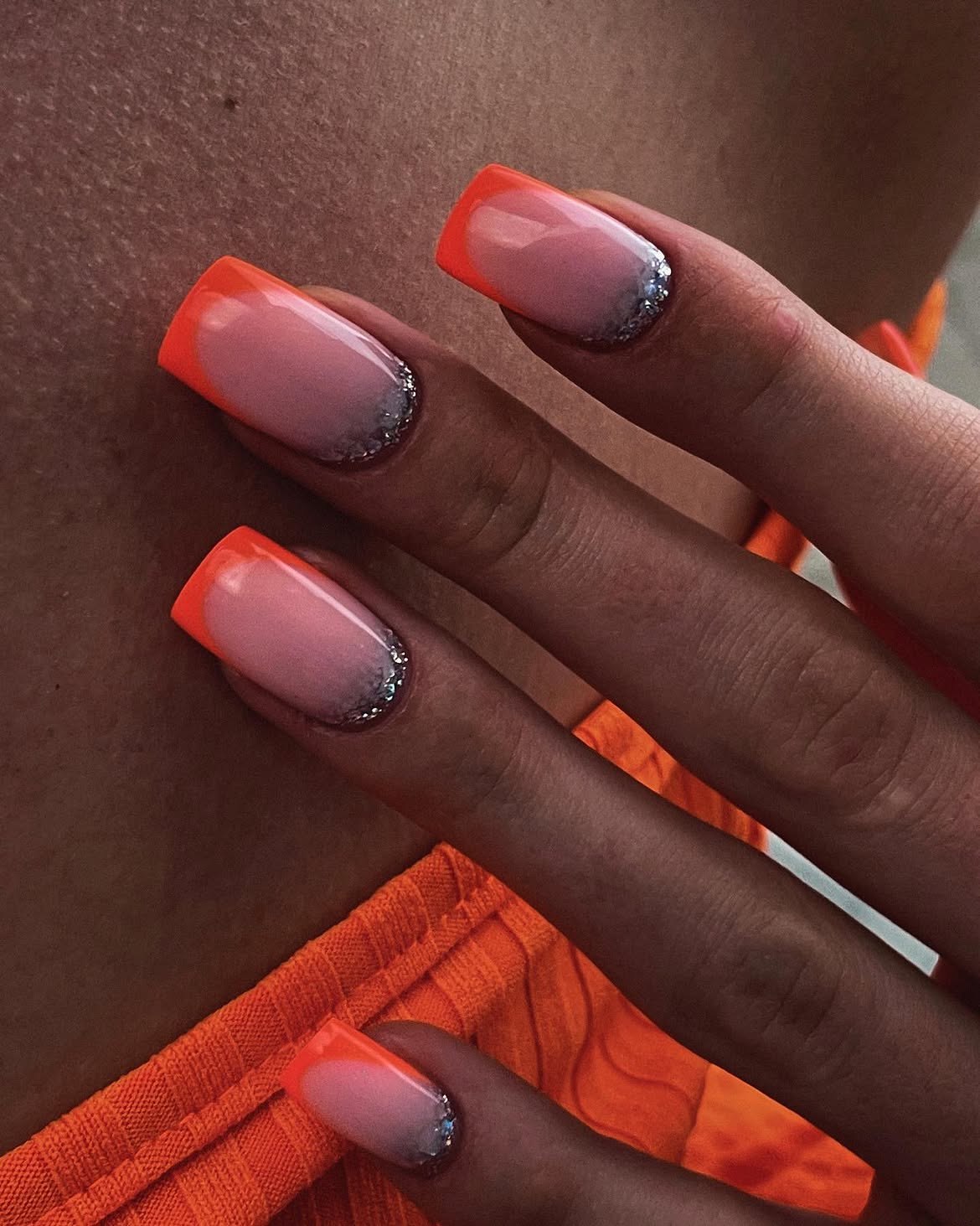 Juicy Orange Ombre French Nails with Silver Glitter