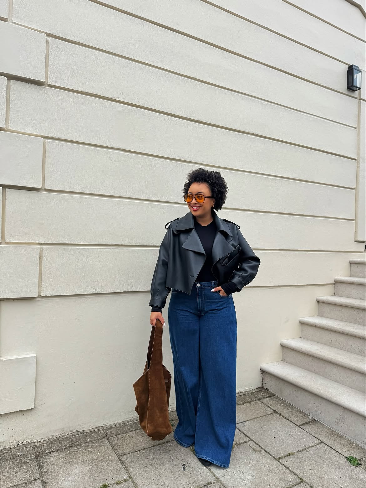 Leather Cropped Jacket With Wide Leg Denim
