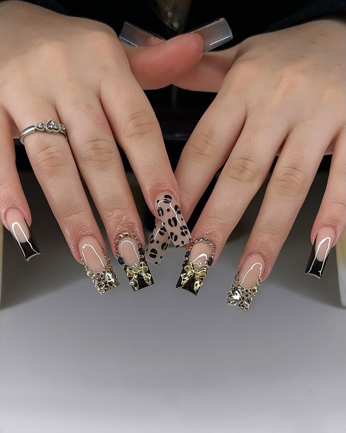 Leopard Bow Rhinestone French Tip Coffin Nails