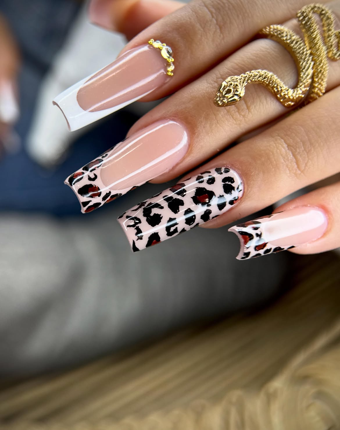 Leopard Print French Tip Coffin Nails with Gems