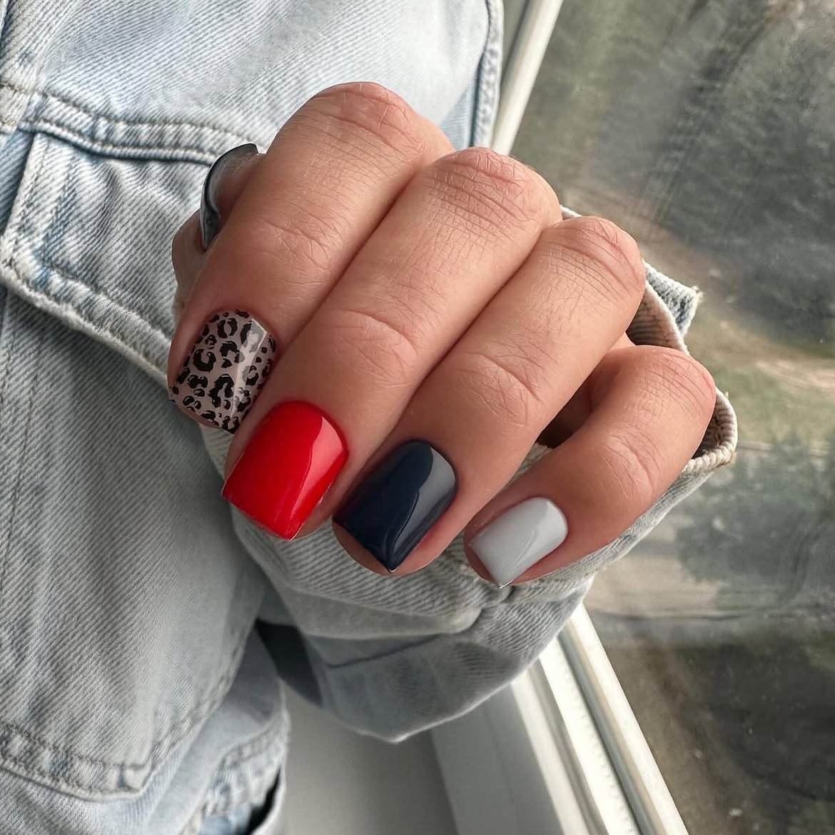 Leopard Print & Red Navy Grey Color Block Nails