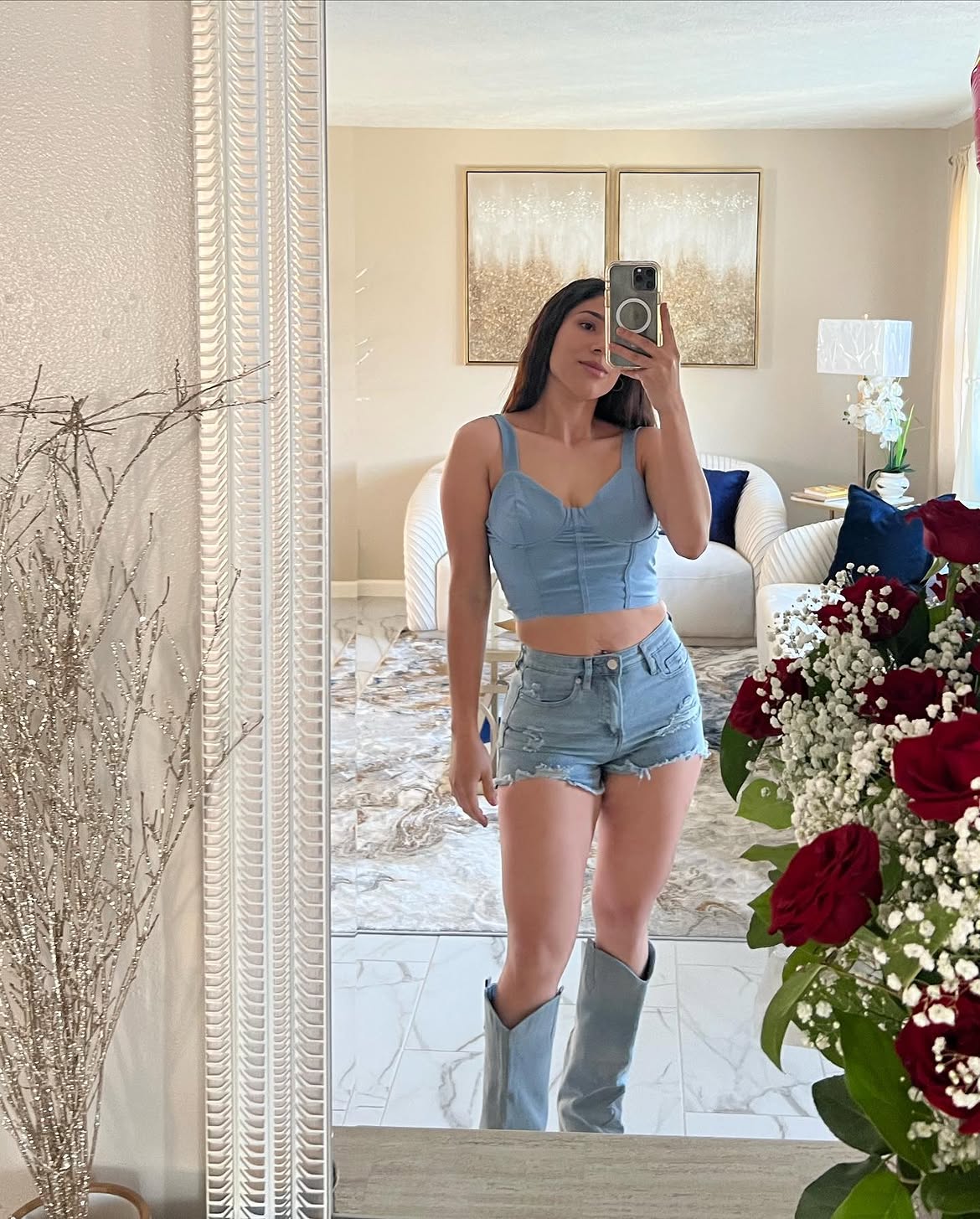 Light Wash Denim Crop Top & Denim Shorts Combo