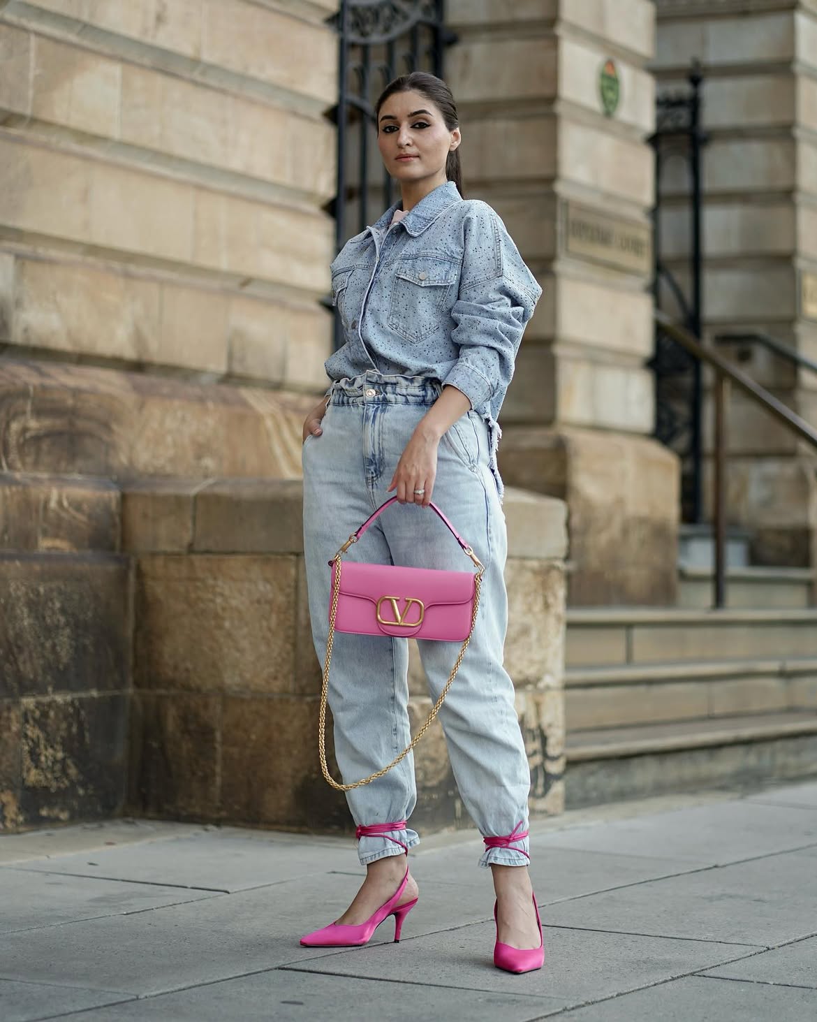 Light Wash Denim Duo With Hot Pink Accents