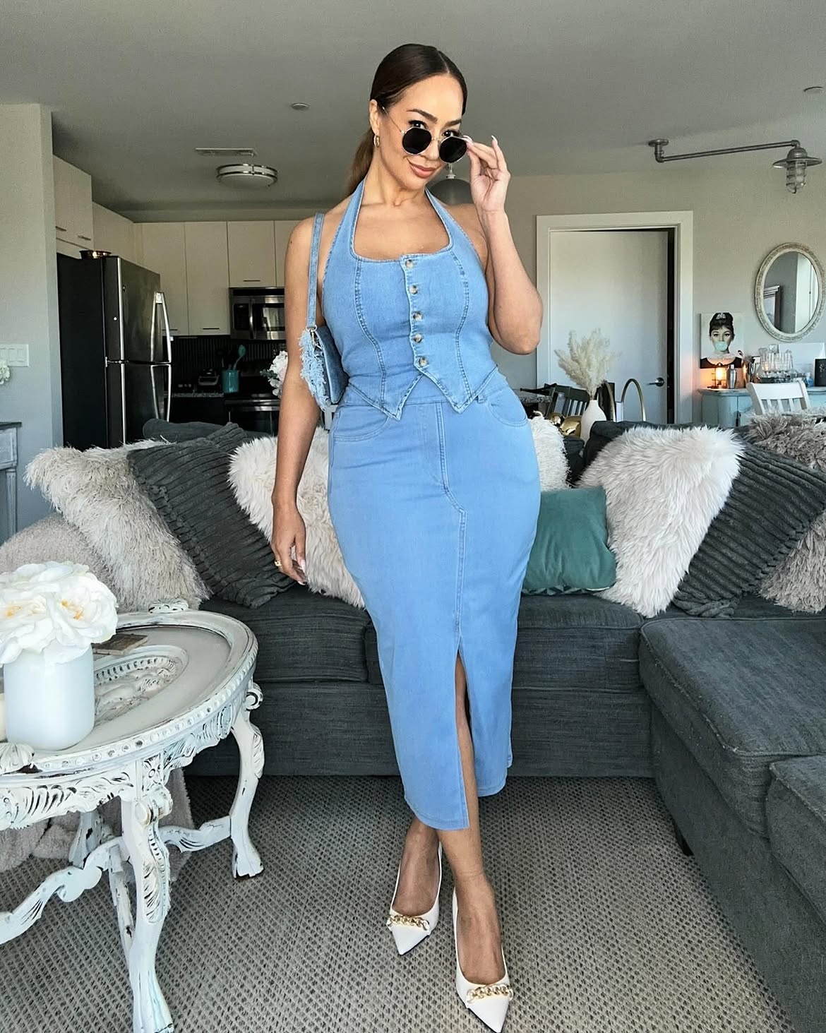 Light Wash Denim Halter Top And Midi Skirt Duo