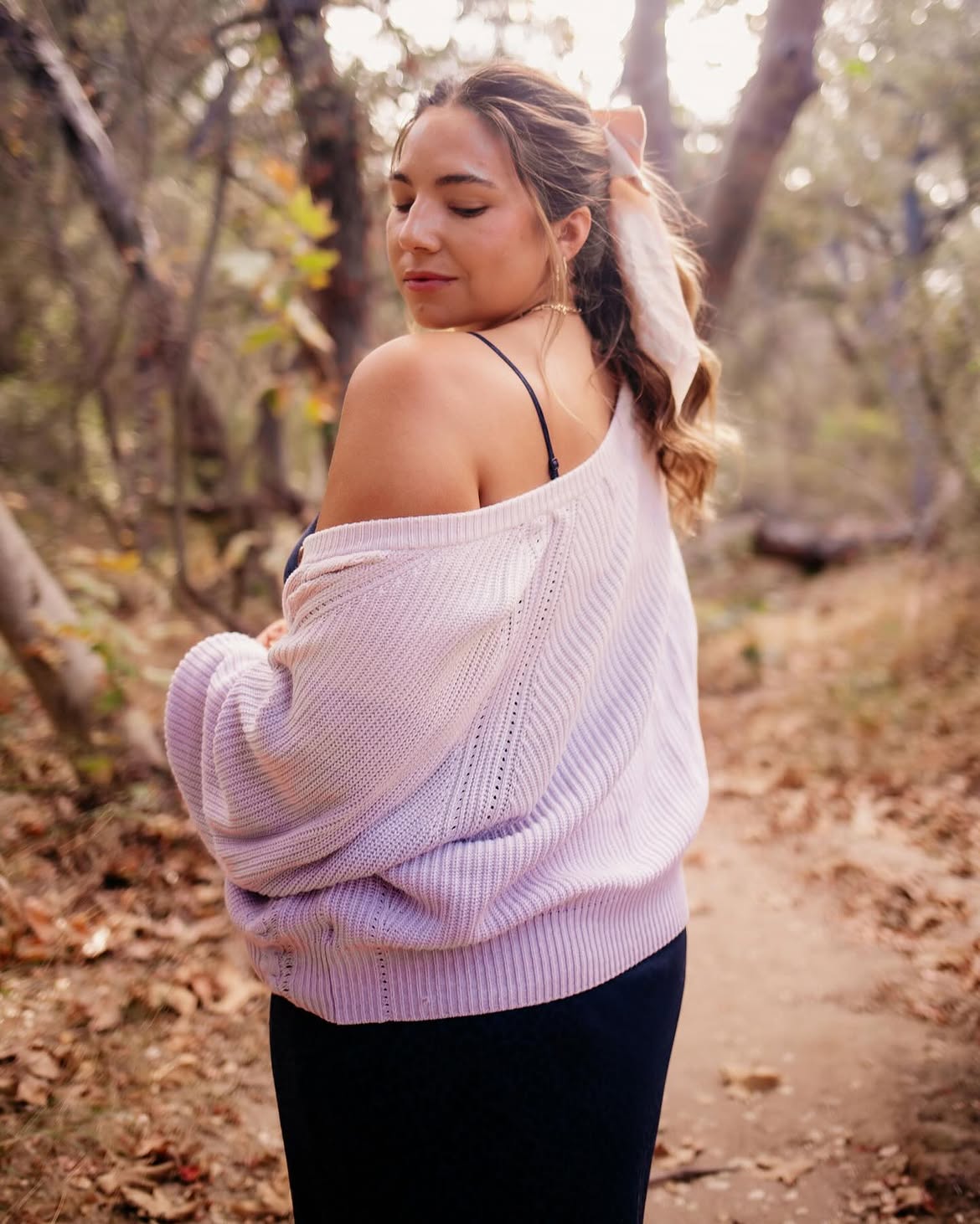 Lilac Knit Off-Shoulder Sweater With Dark Skirt