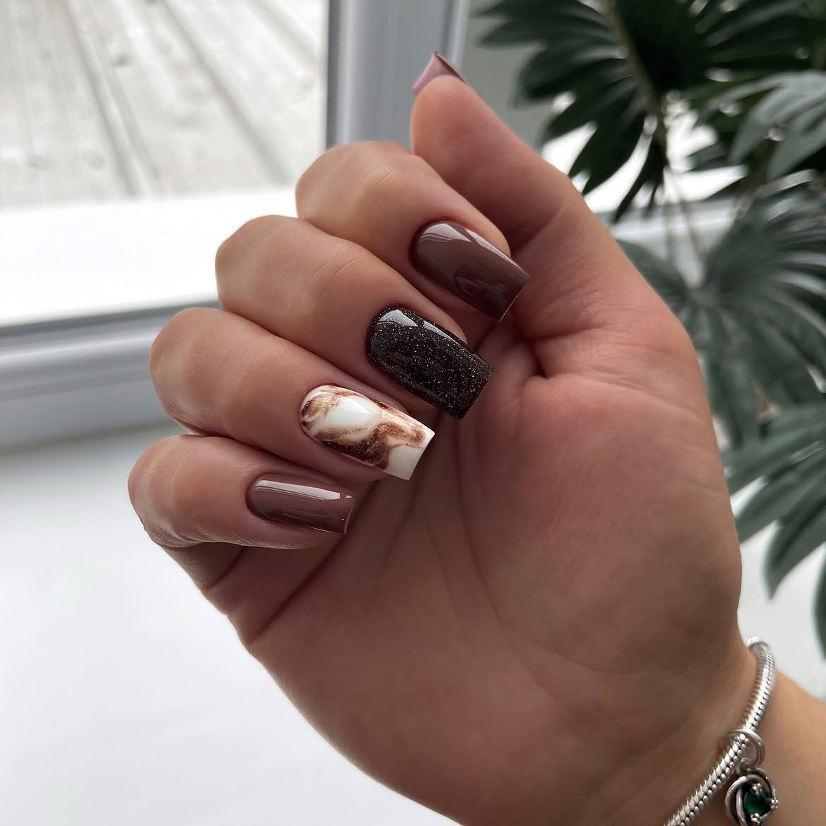 Marble Swirl Brown and Glitter Coffin Nails