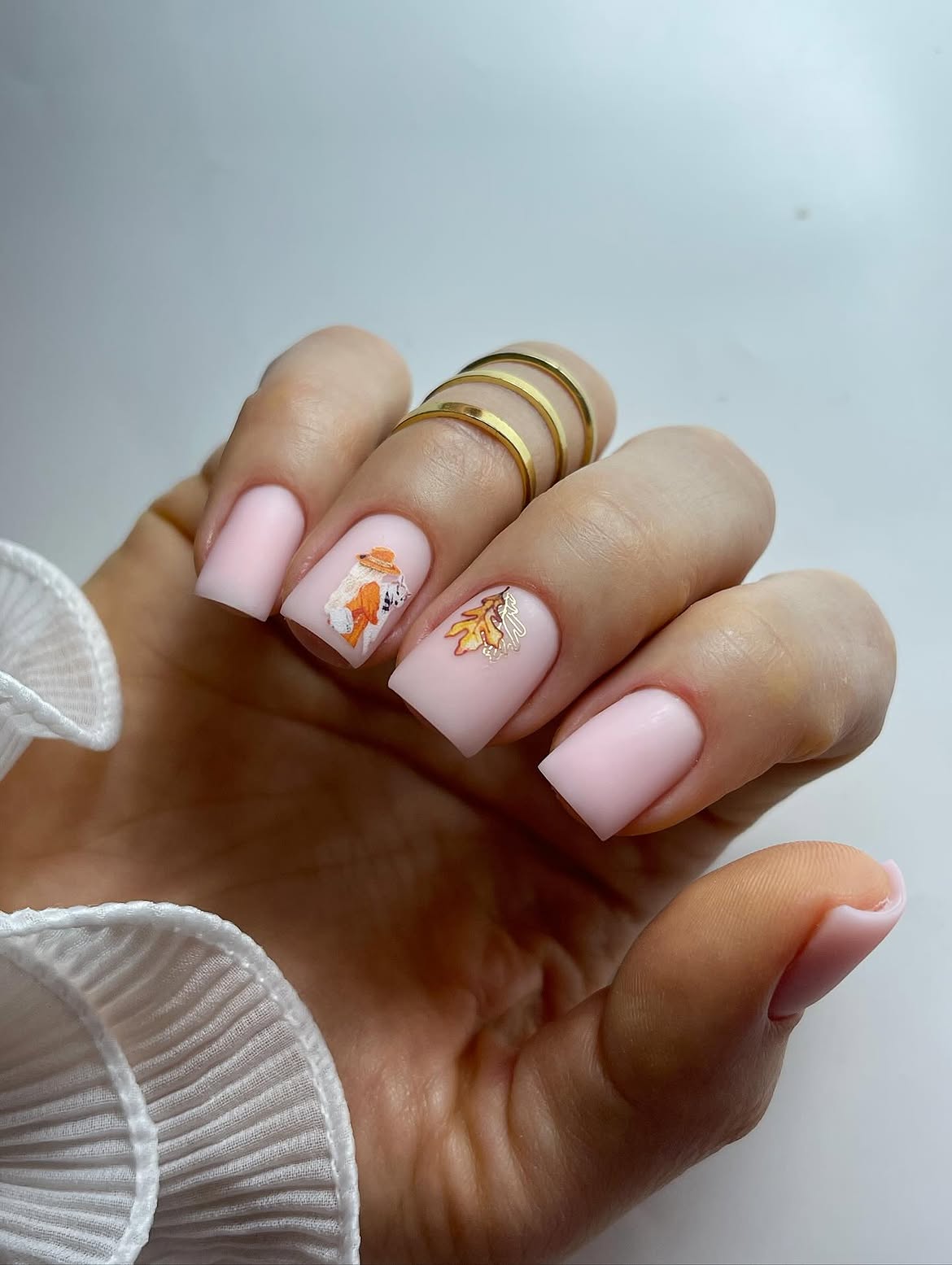 Matte Baby Pink Nails with Fall Leaf Art