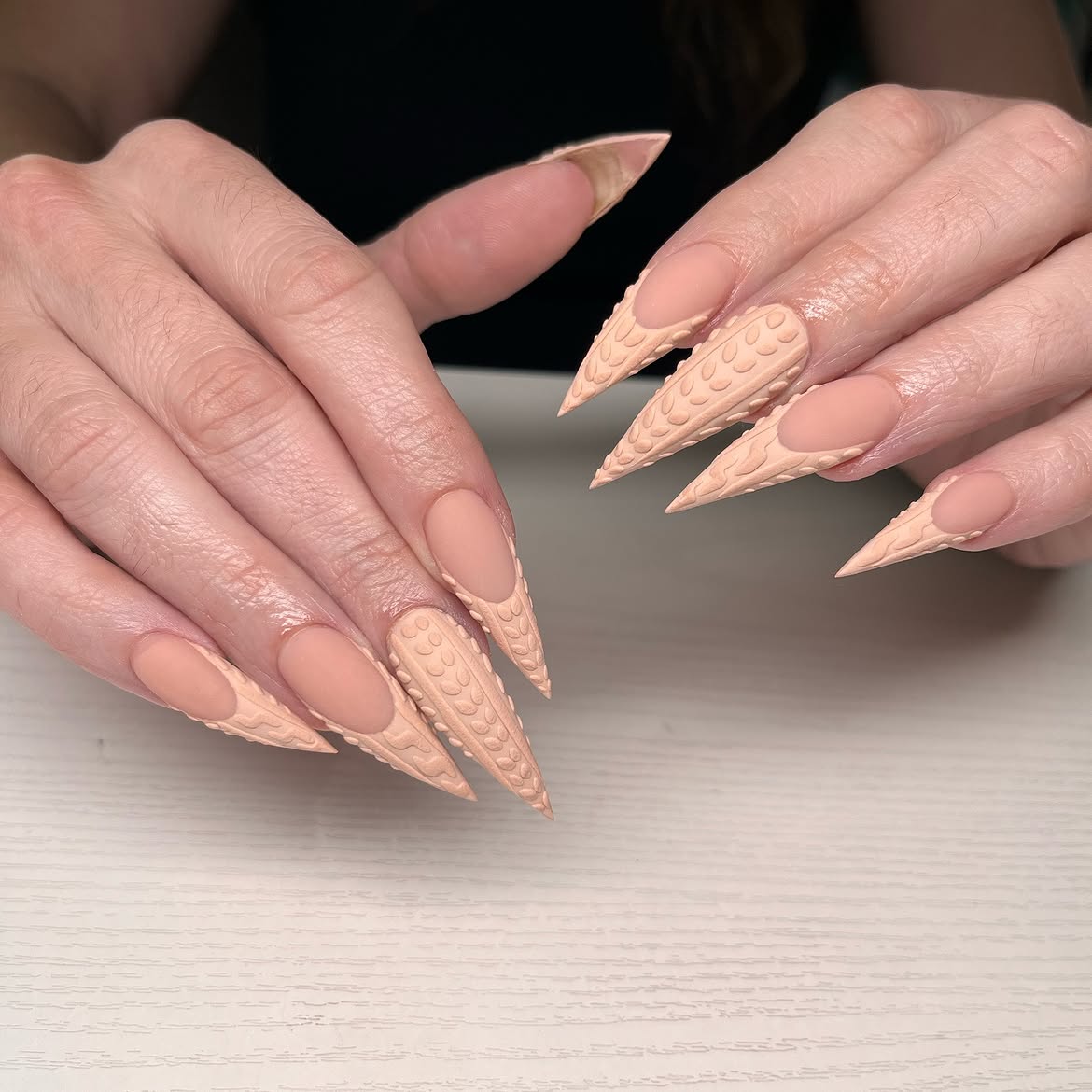 Matte Beige Sweater Stiletto French Tips
