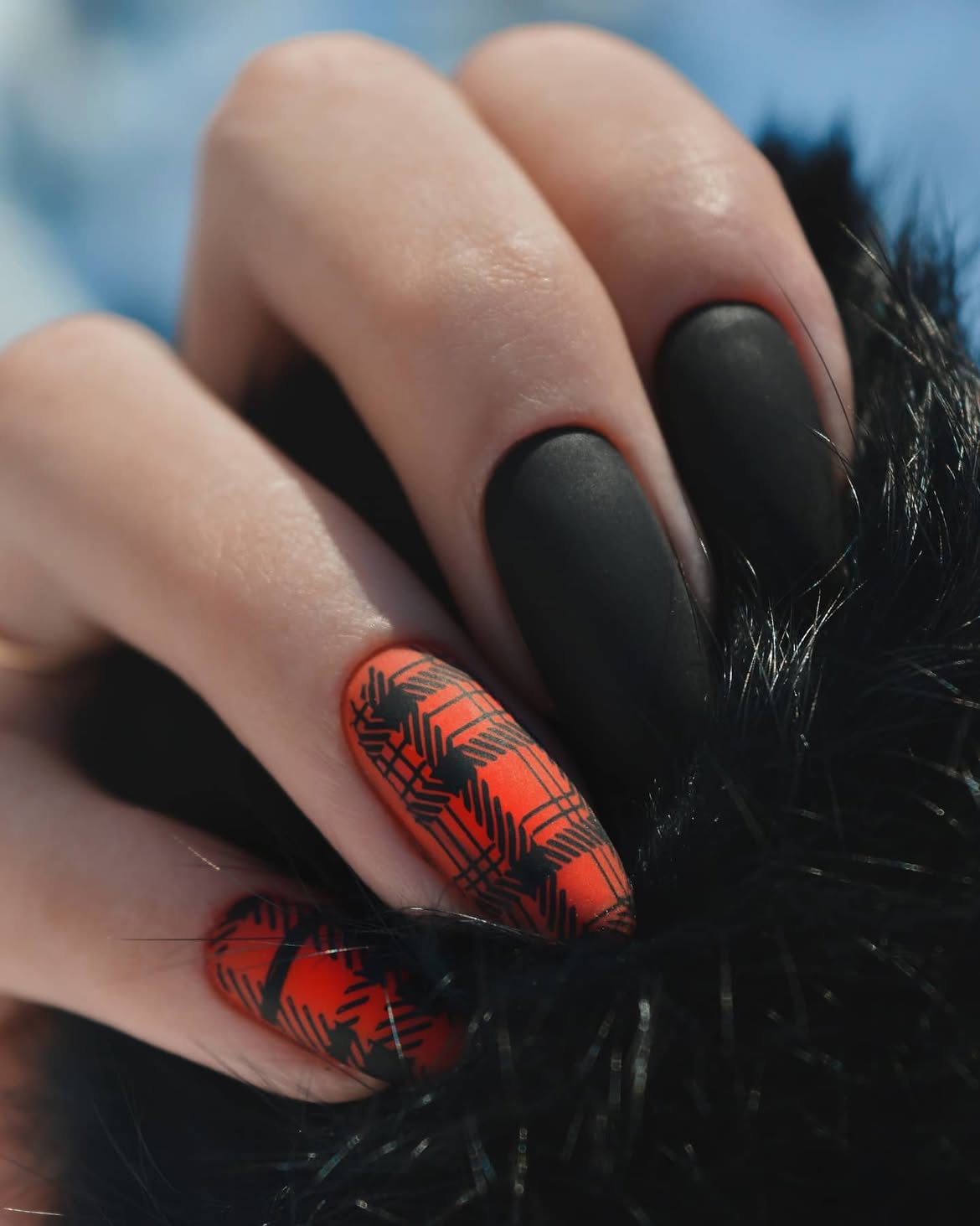 Matte Black and Red Plaid Festive Nails