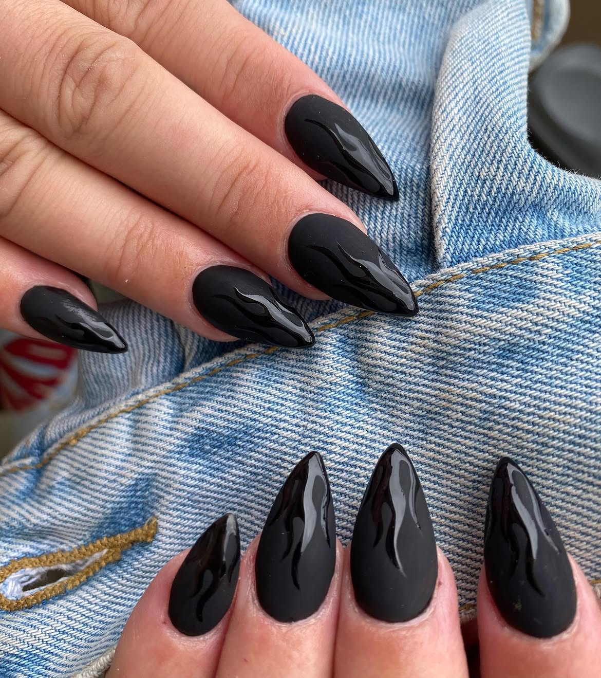 Matte Black Flame Detail Stiletto Nails