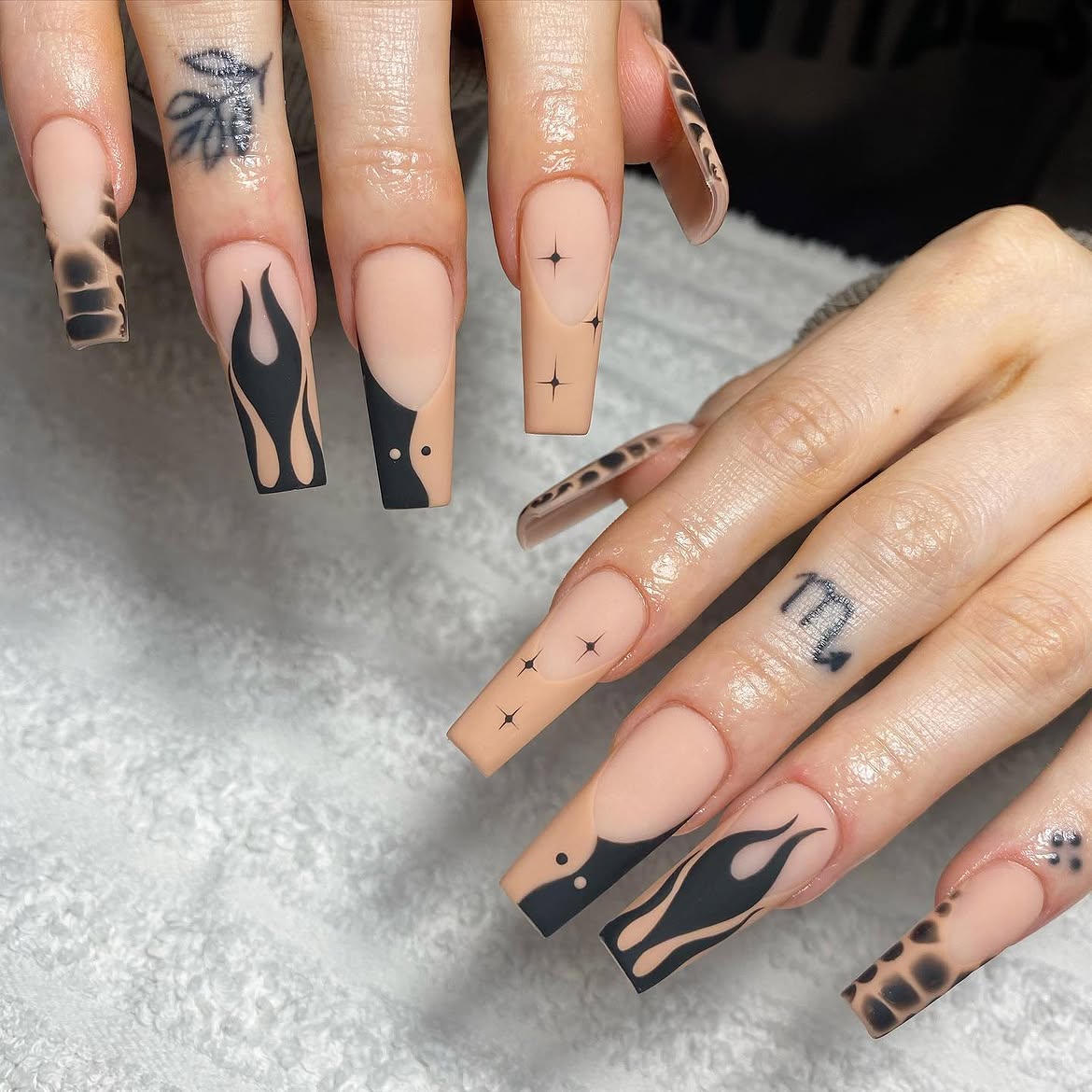 Matte Black Flame & Star Contrast French Nails