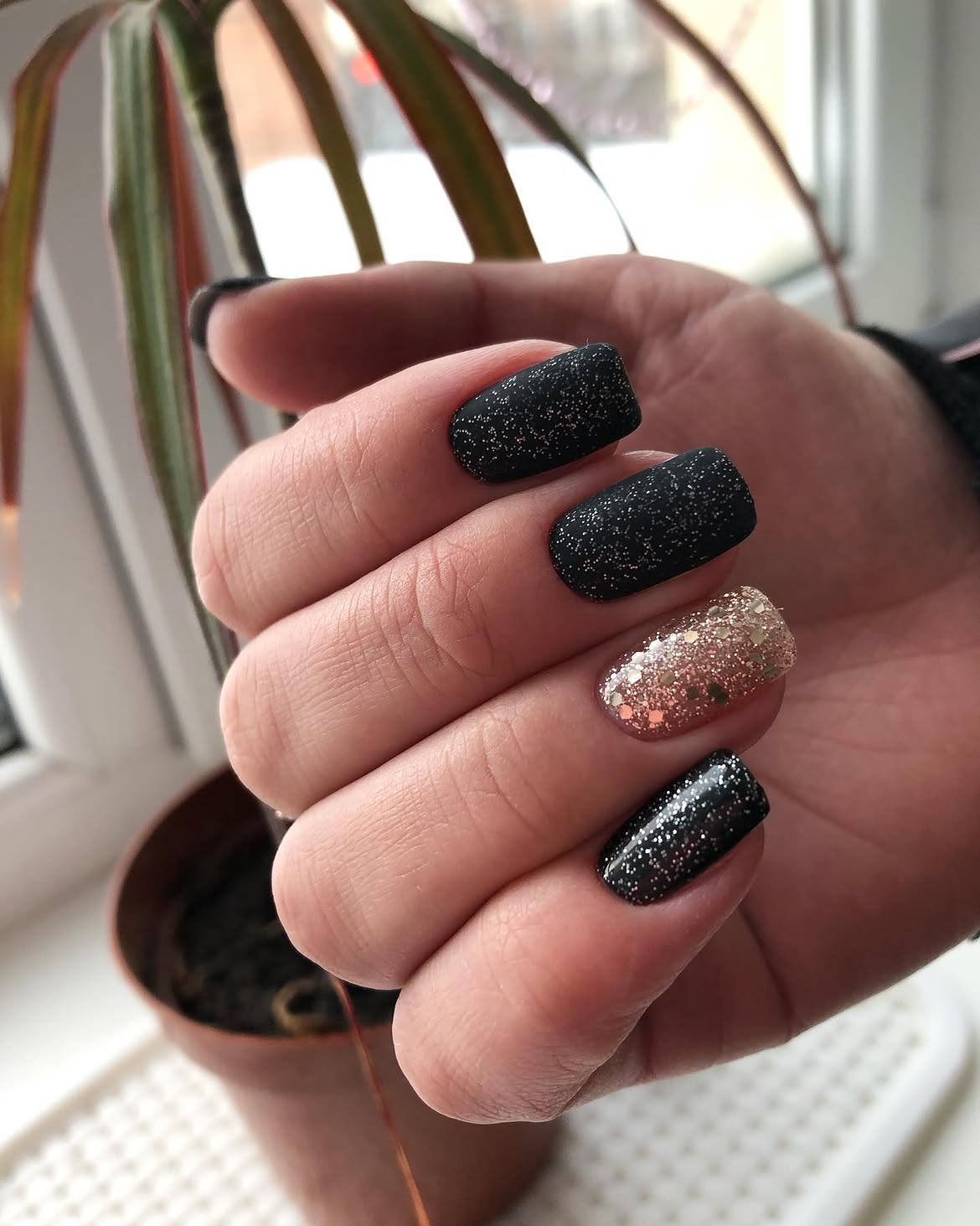 Matte Black Glitter Accent Nails