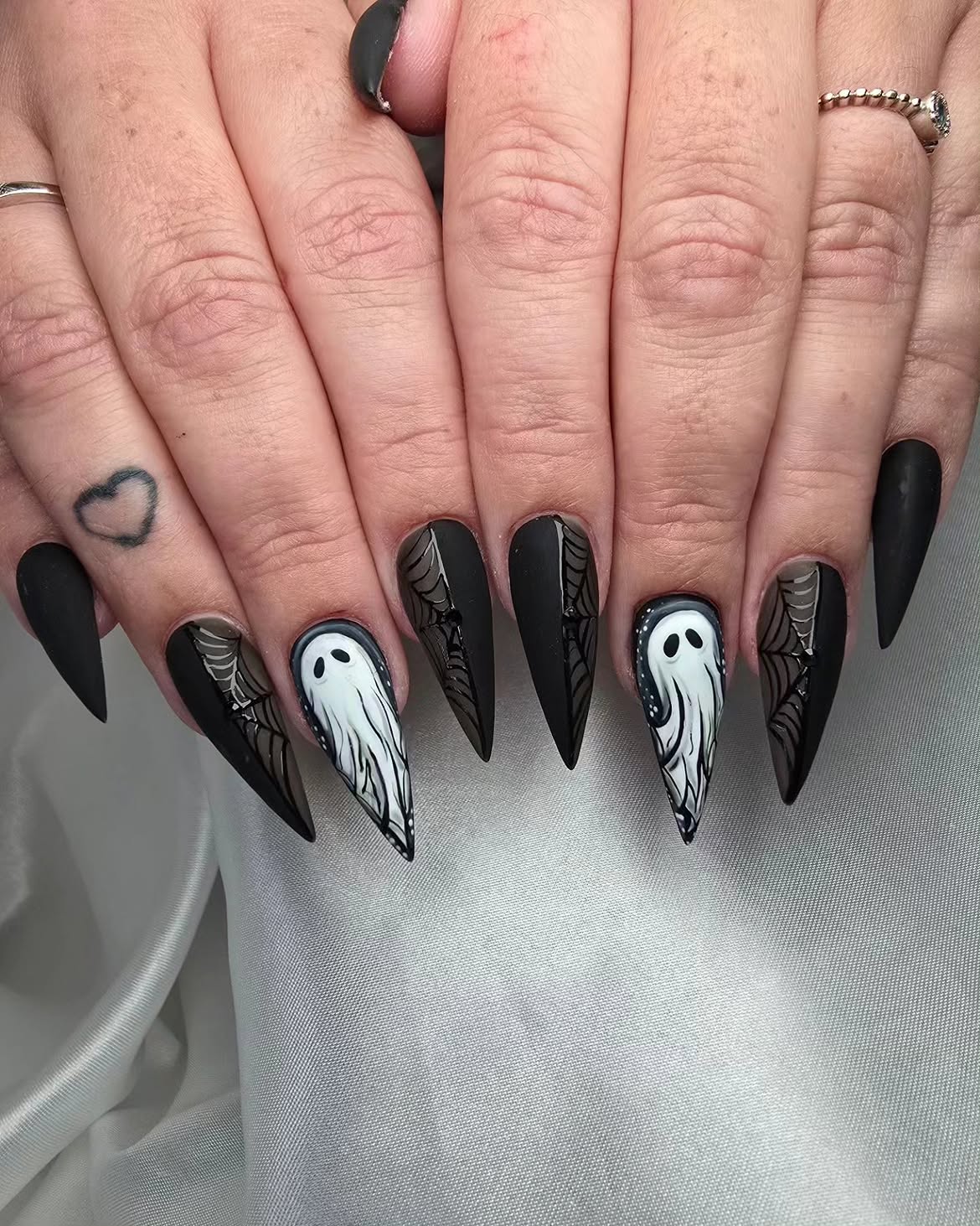 Matte Black Halloween Ghost Nail Art