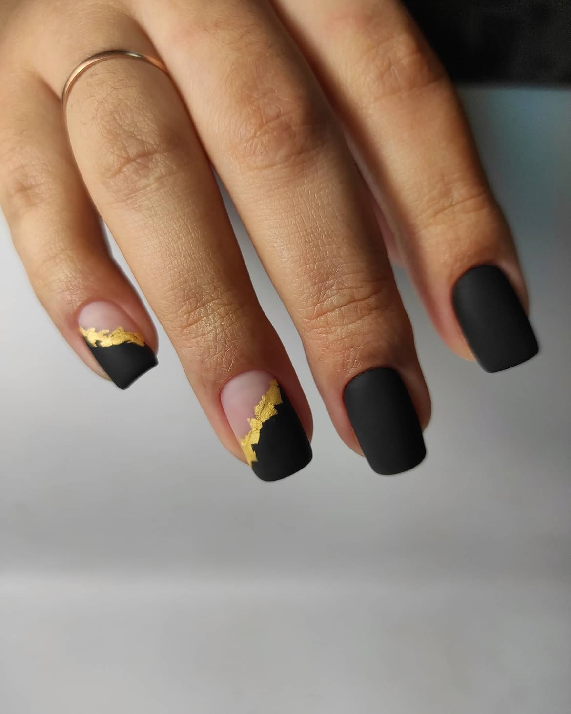 Matte Black Short Nails with Gold Foil Accents