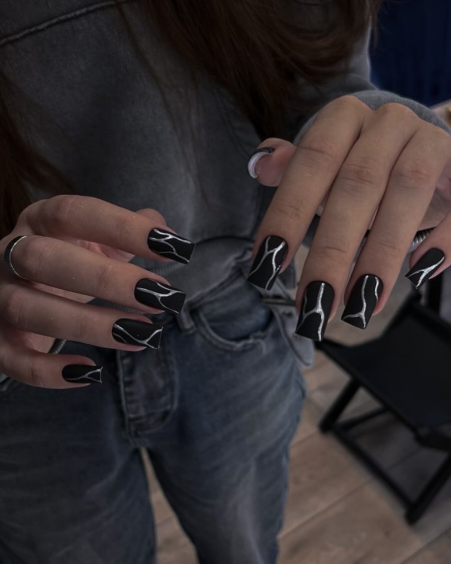 Matte Black Square Nails with Silver Swirl Art