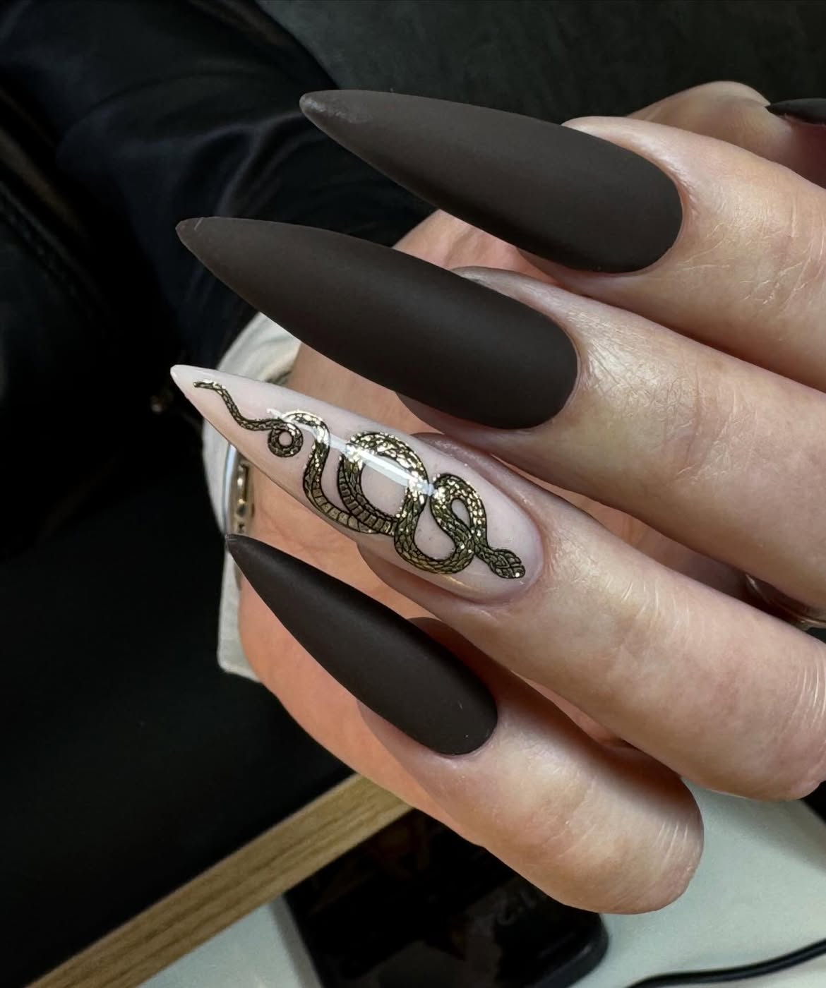 Matte Black Stiletto Nails with Snake Accent
