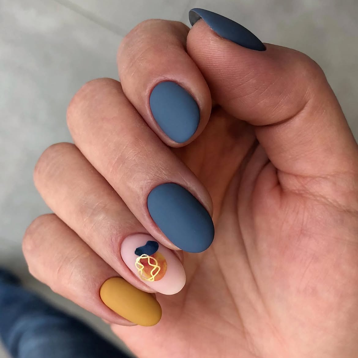 Matte Blue and Mustard Abstract Art Nails