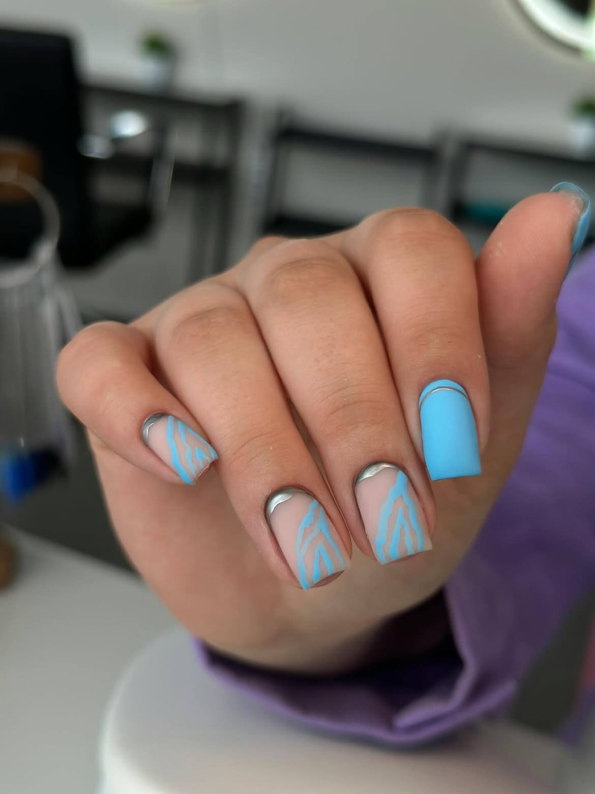 Matte Blue French Tip Zebra Accent Nails