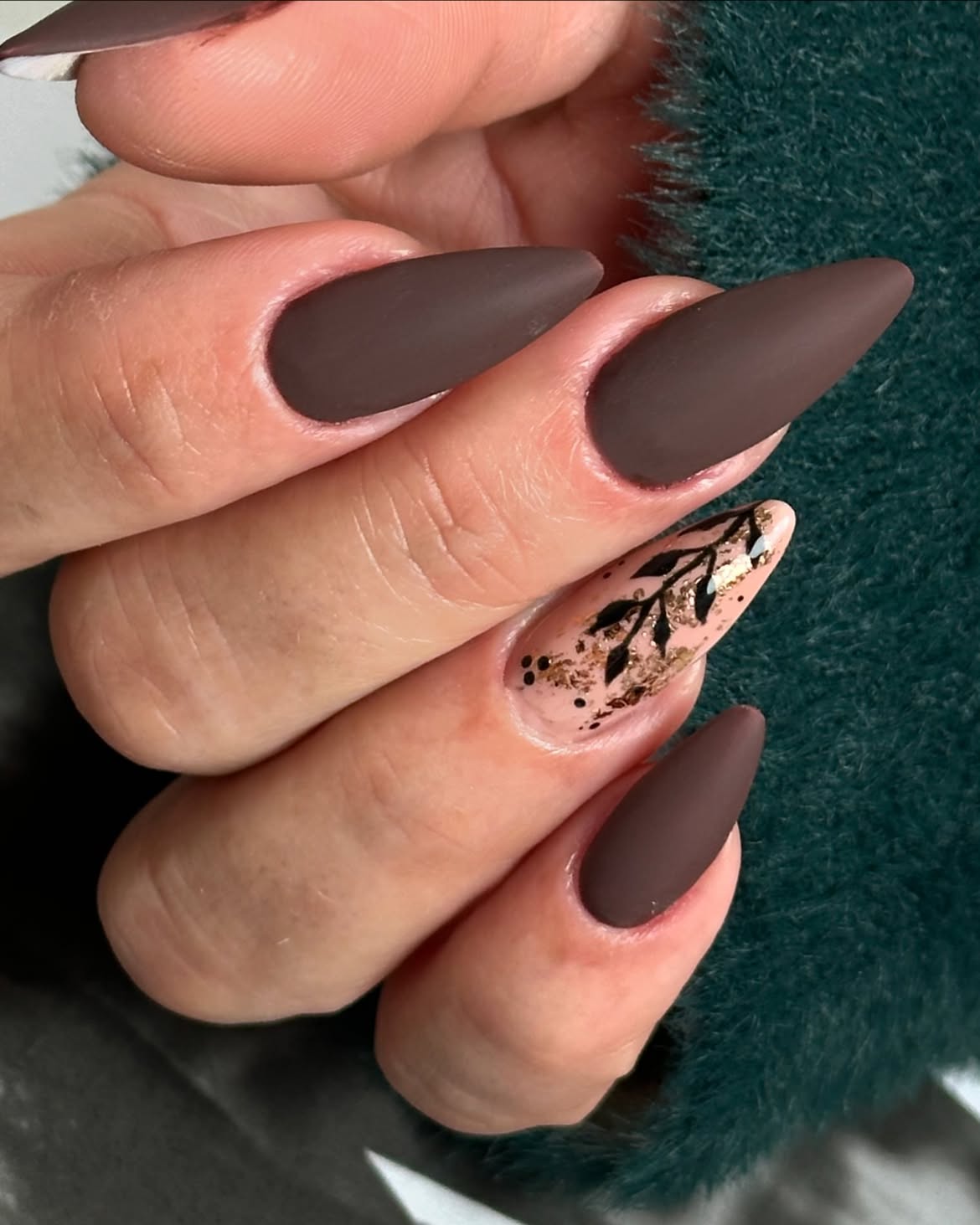 Matte Chocolate Brown Almond Nails with Leaf Art
