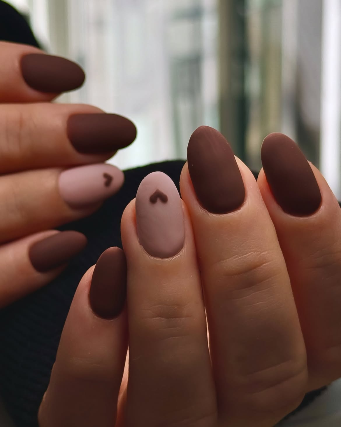 Matte Chocolate & Pink Heart Accents Almond Nails