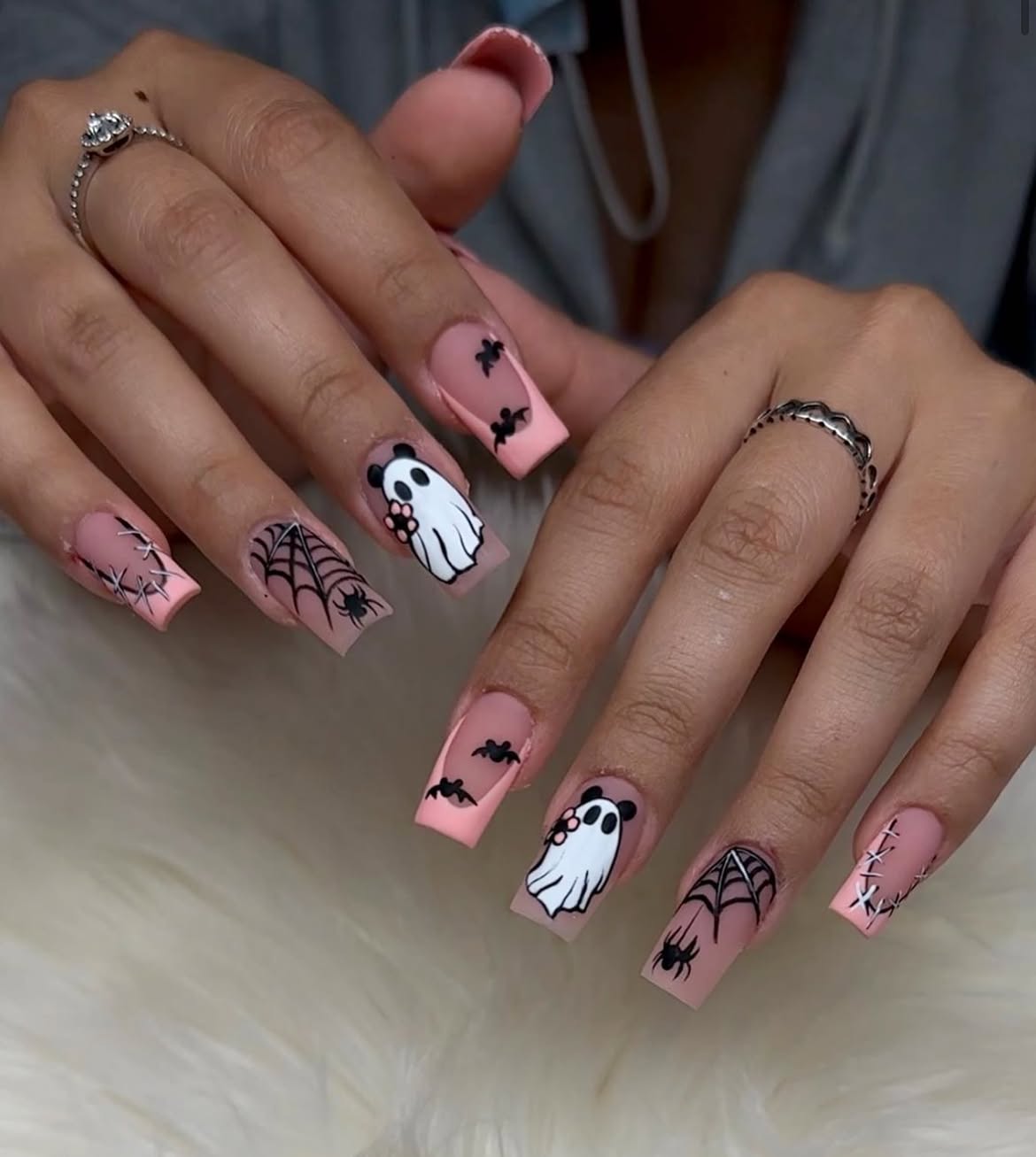 28 Spooktacular Halloween Nail Ideas You Need To Try 24 Matte French Tip Halloween Ghost & Spider Nails