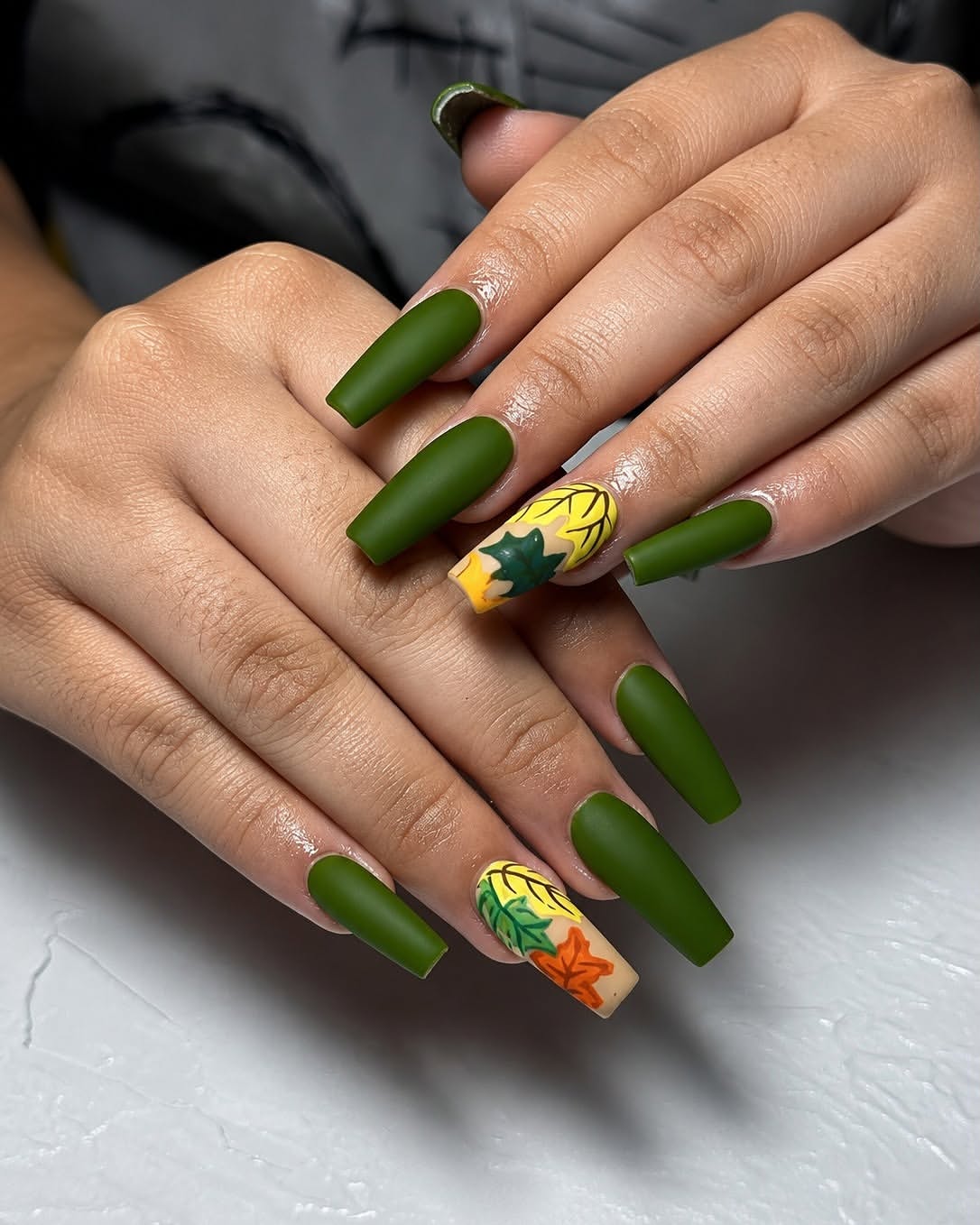 29 Stunning Fall Leaves Nail Ideas You Need To Try Now 31 Matte Olive Green Coffin Nails with Fall Leaf Art