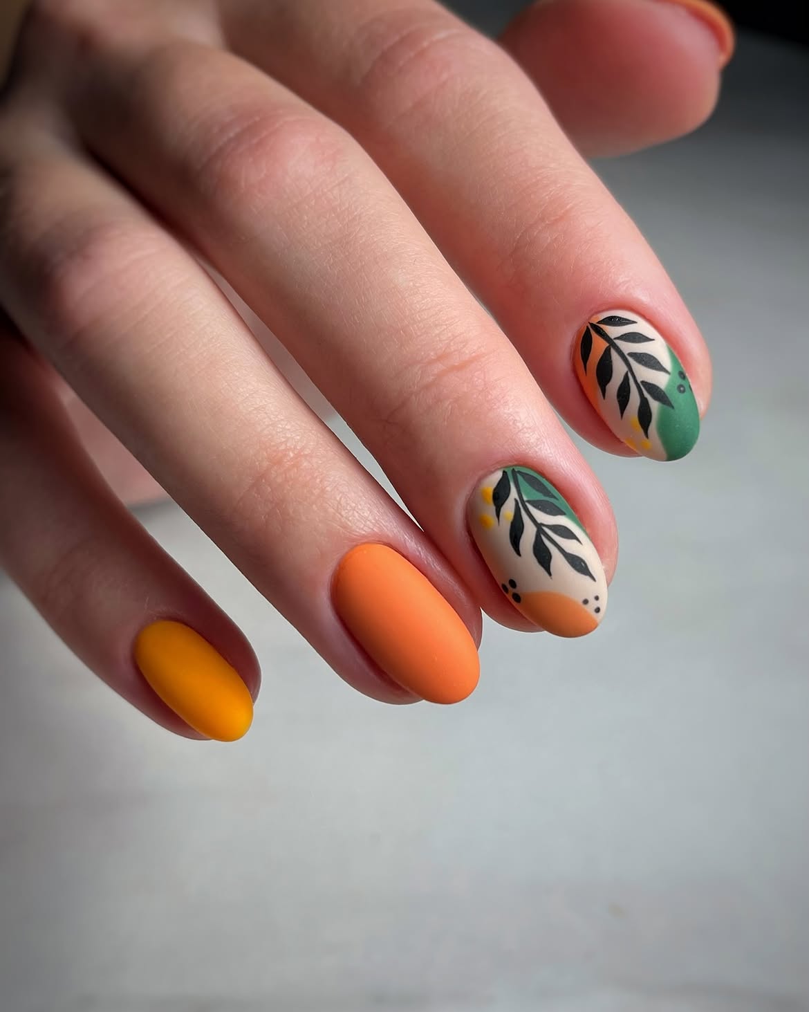 Matte Orange & Leaf Print Oval Nails