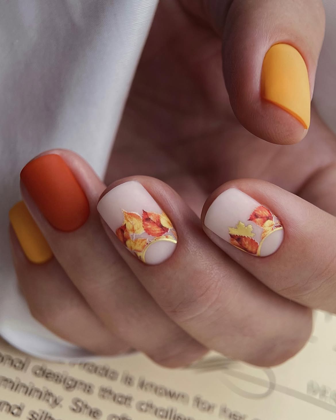 Matte Orange Yellow and Leaf Accent Nails