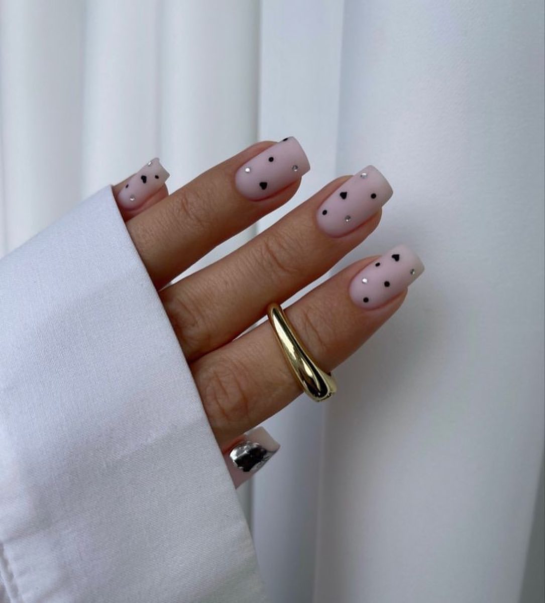 Matte Pink Heart Dot Medium Squoval Nails