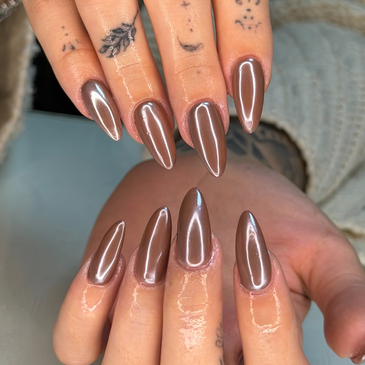 Metallic Chocolate Brown Almond Chrome Nails