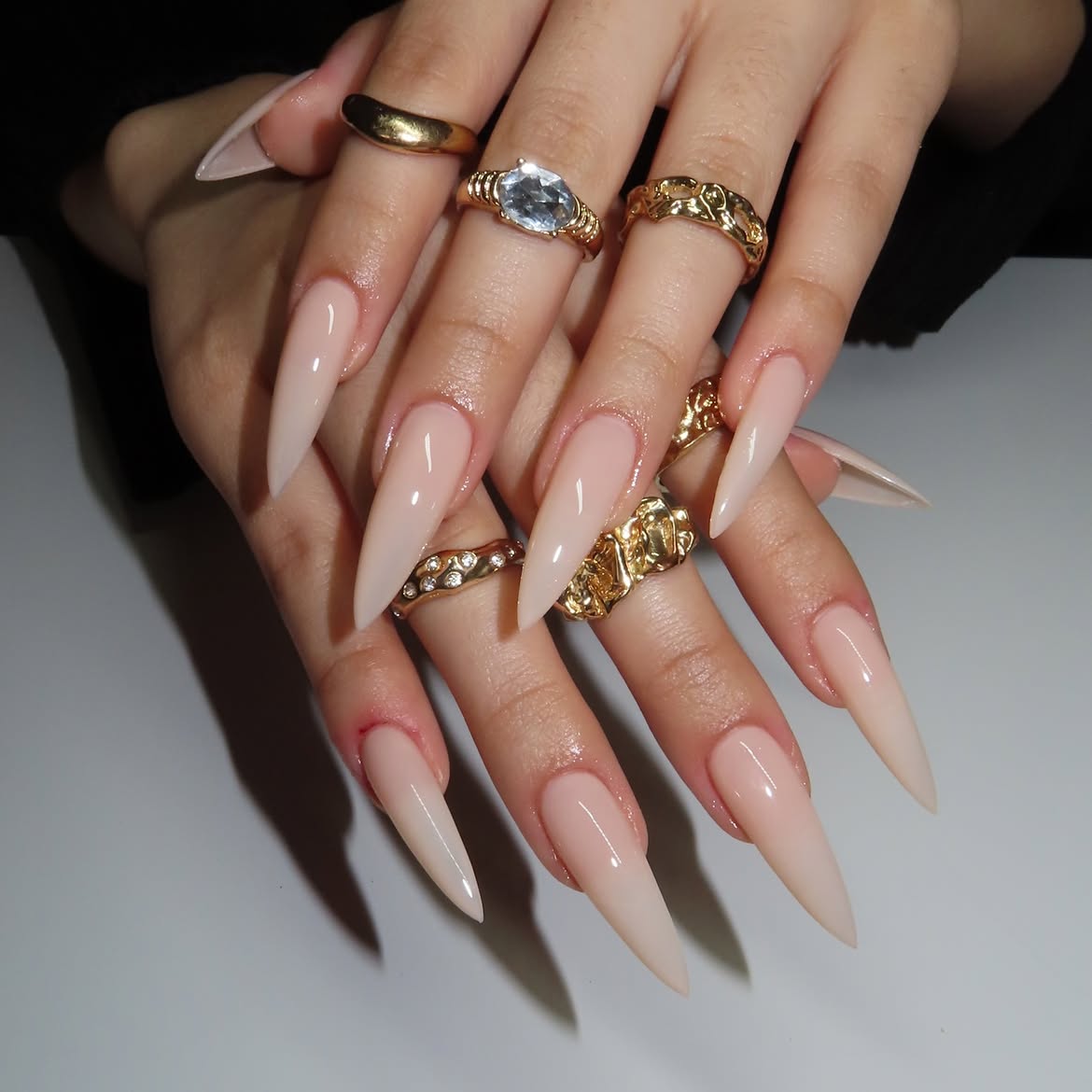 Milky Nude Stiletto Nails Glossy Finish