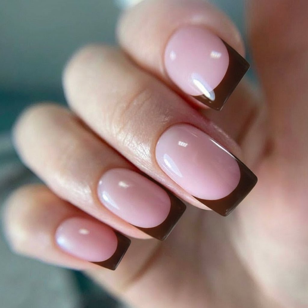 Milky Pink Base With Deep Brown French Tips