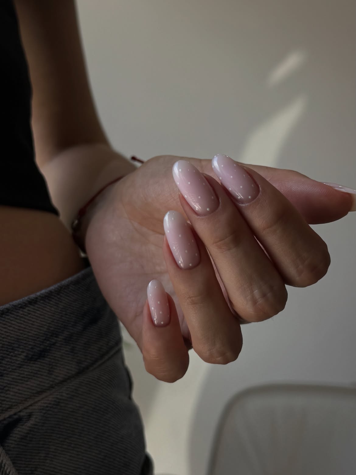 Milky Pink Ombre French Tips with White Dot Accents