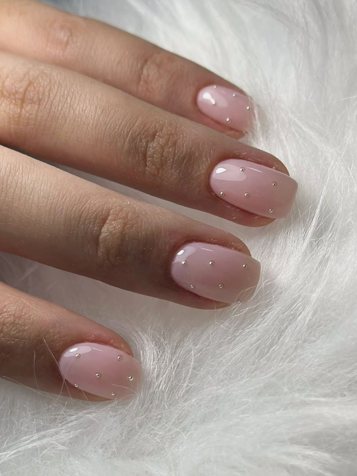 Milky Pink Oval Nails With Silver Micro-Pearls