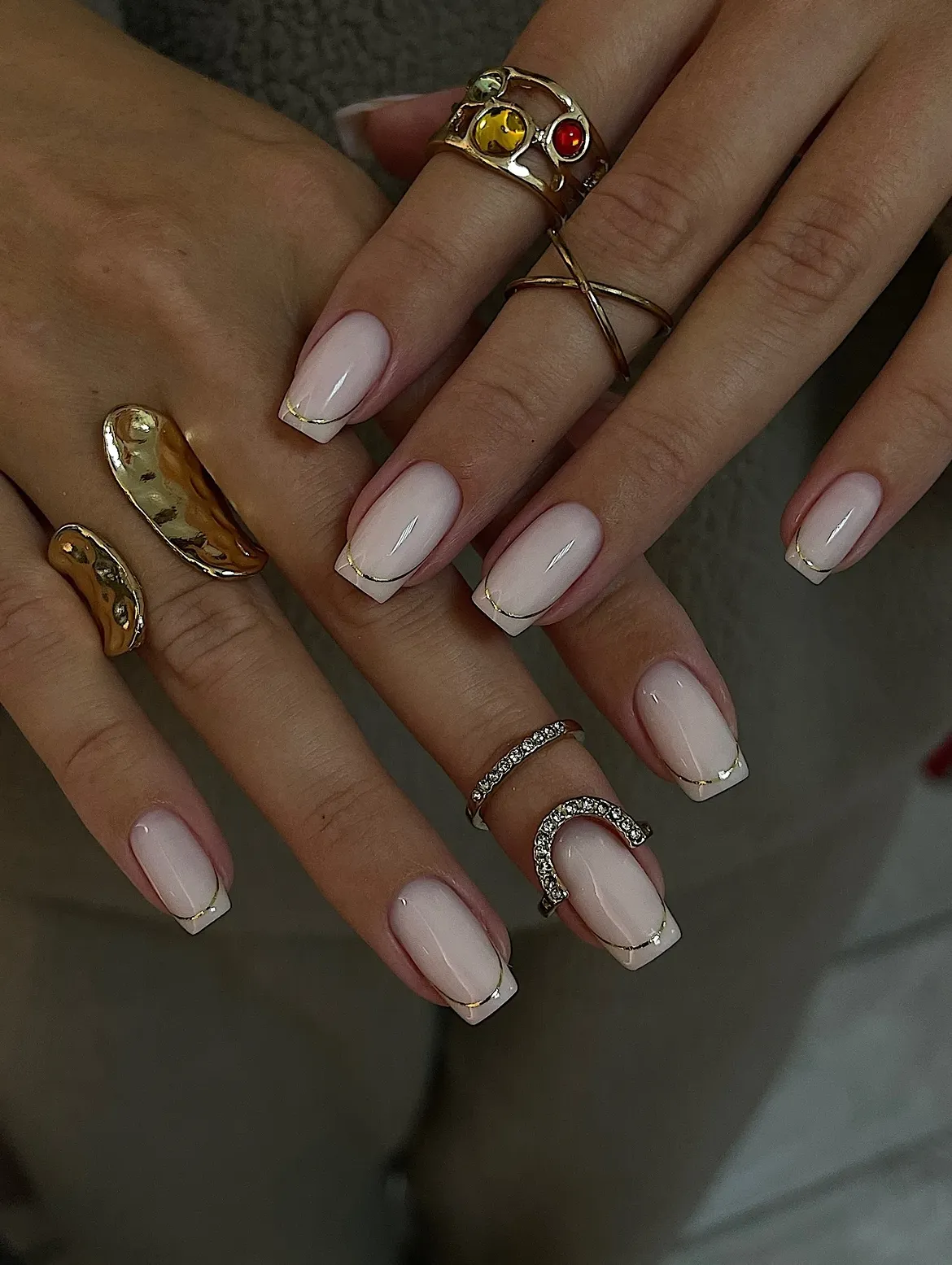 Milky White French Nails With Thin Gold Outline