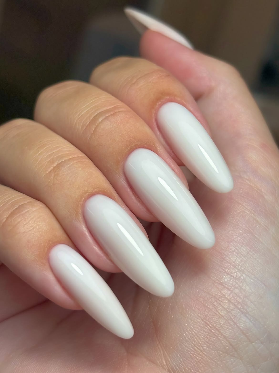 Milky White Glossy Almond Nails