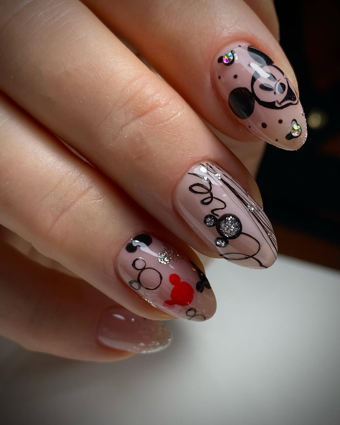 Minnie Mouse Themed Almond Nails with Gems