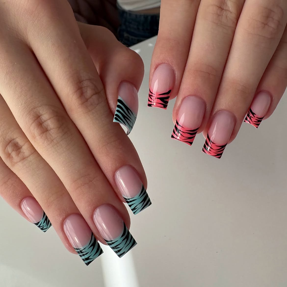 Mint Green & Coral Zebra French Tips