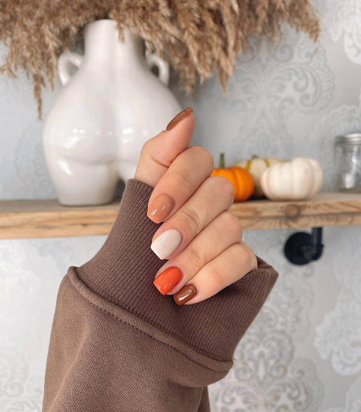29 Stunning October Nail Ideas You Need To Try Now 25 Mismatched Autumn Neutrals With Orange Accent