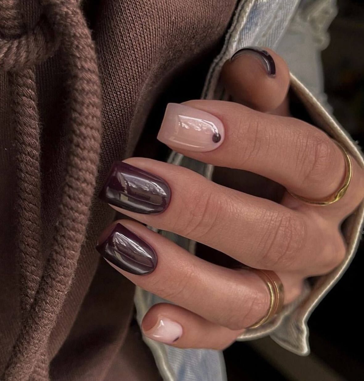 Mismatched Deep Plum & Milky Nude Square Nails