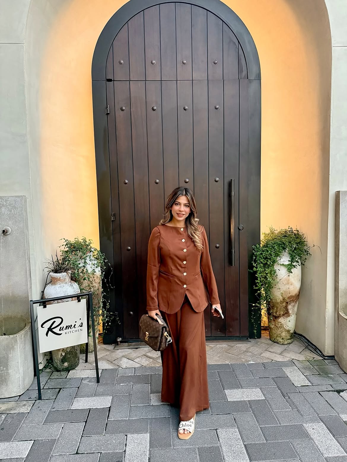Monochromatic Brown Suit With Gold Buttons