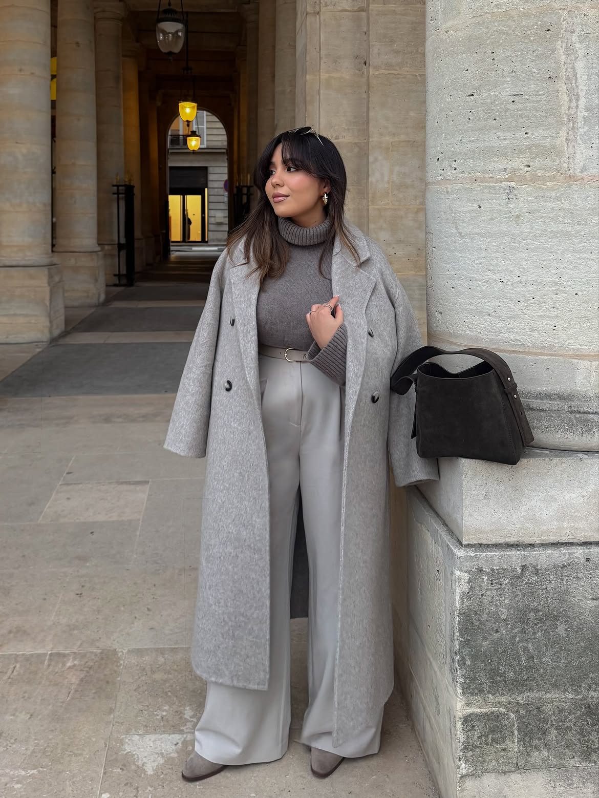 Monochromatic Grey Power Suit With Oversized Wool Coat